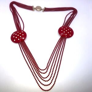VTG Red & White Polkadot Circles Multi Strand Lacquer Metal Necklace 28”